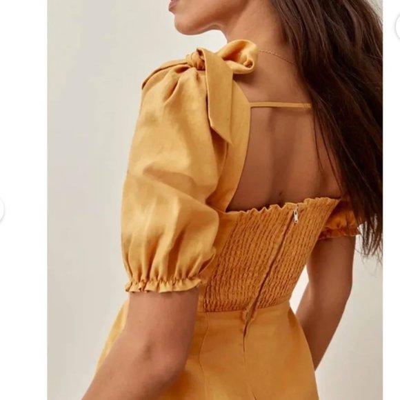 REFORMATION Yellow Ochre Spring Bow Sleeve Linen Mini Dress 2 - Picture 4 of 12